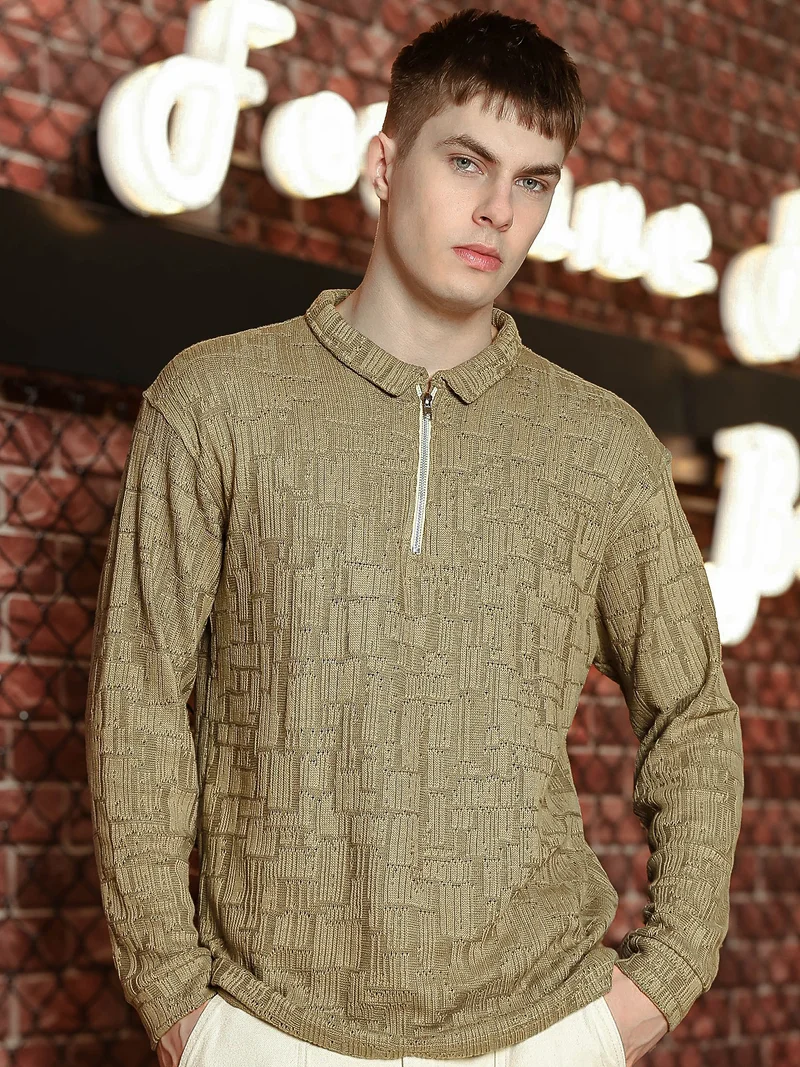 Maniac  Maniac Mens textured full sleeve half zipper oversized dusty green cotton polo t-shirt for Men | Best Price UAE